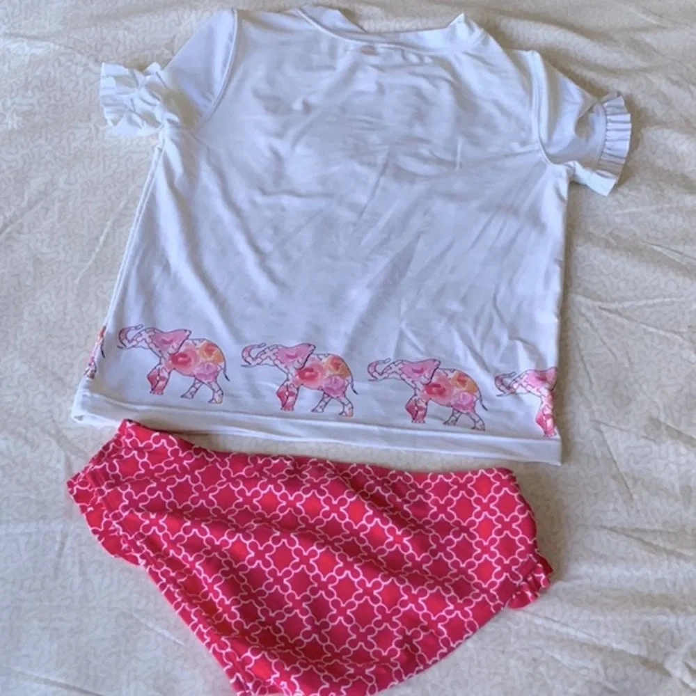Janie and Jack White Rashguard Set with Pink Elephant Trim in size 10